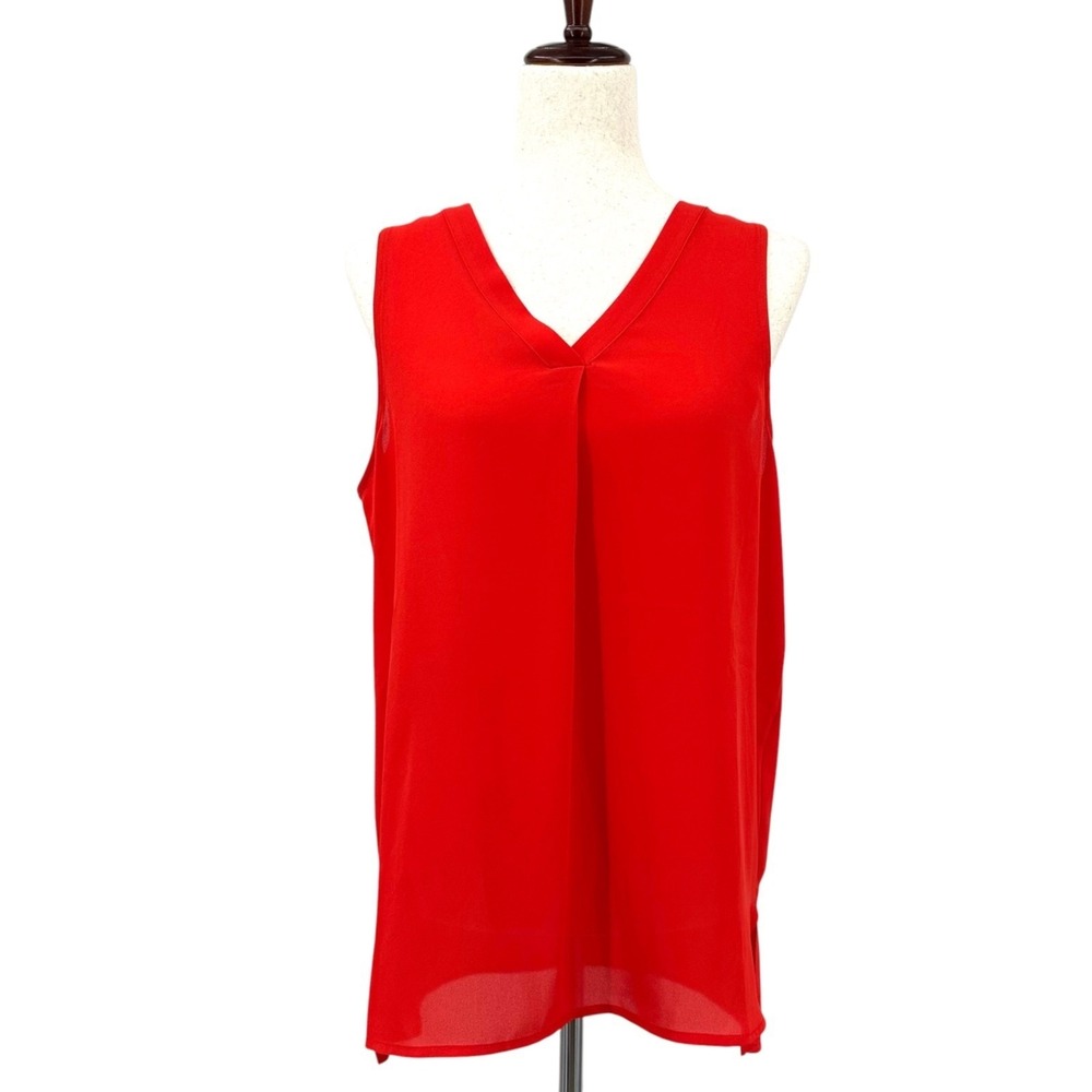PLEIONE Chiffon Tunic Top Sleeveless V-Neck Front Pleat Red Women's Medium
